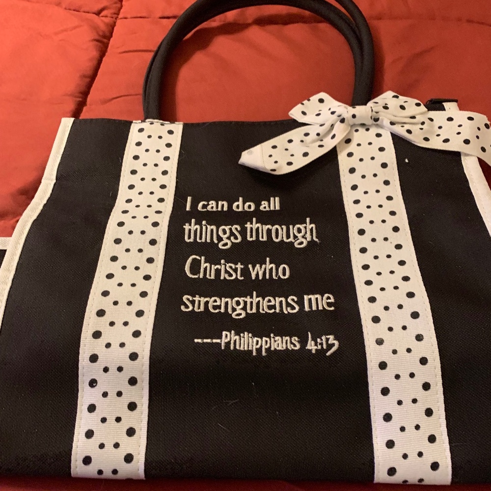 Black Tote Christian bag with black and white polka tot bow and side strips